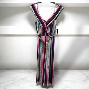 Navy/Pink Vertical Striped Belted Off-the-Shoulder‎ Jumpsuit